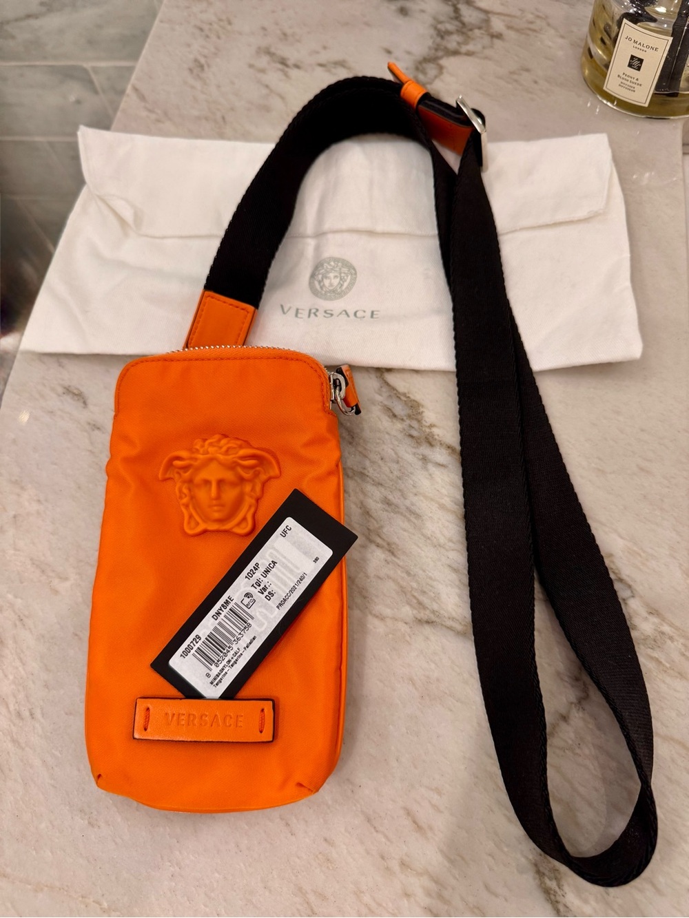 Versace Orange Crossbody Phone Pouch with Black Strap